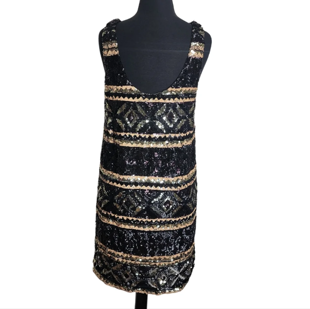 Free People sequin shift mini dress black gold boho sleeveless women's large